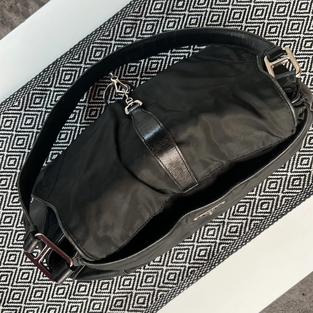 Rare Vintage PRADA Nylon Tessuto Leather Shoulder Hand Bag Purse Black GUC - Picture 10 of 15